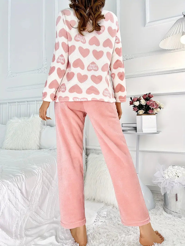 Fleece Pajama Set for Women – Long Sleeve Heart Print Lounge