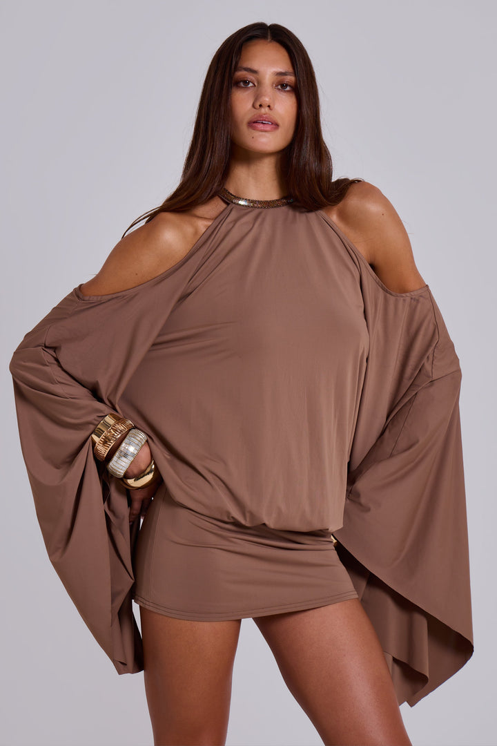 Backless Mini Dress – Chain Detail & Flowy Sleeves