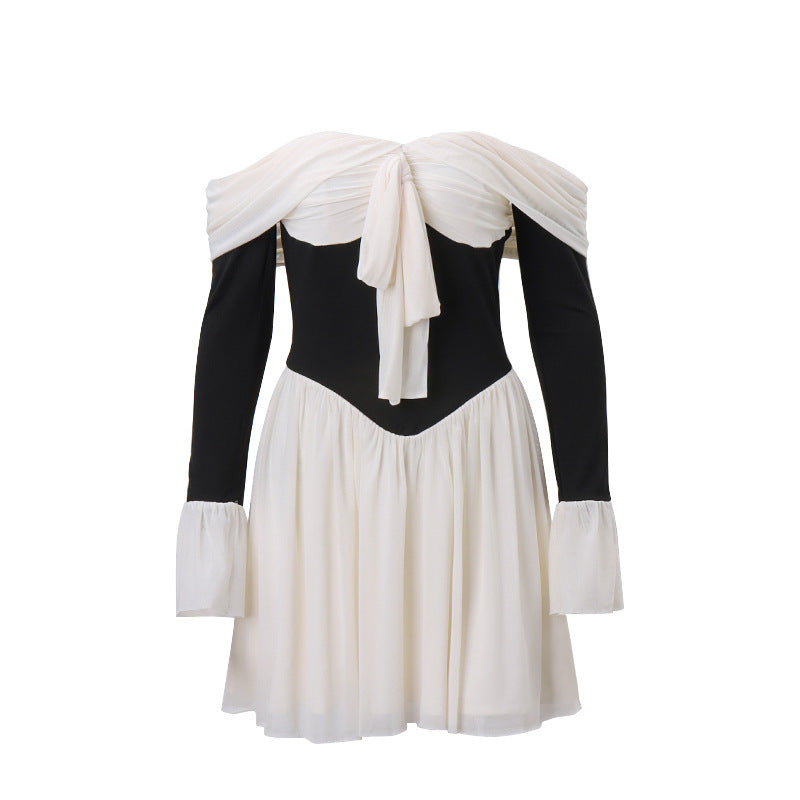 Off-Shoulder Bow Mini Dress – Pleated Skirt & Flared Sleeves