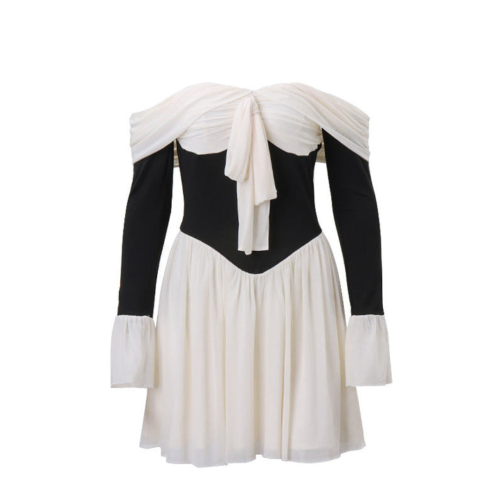 Off-Shoulder Bow Mini Dress – Pleated Skirt & Flared Sleeves