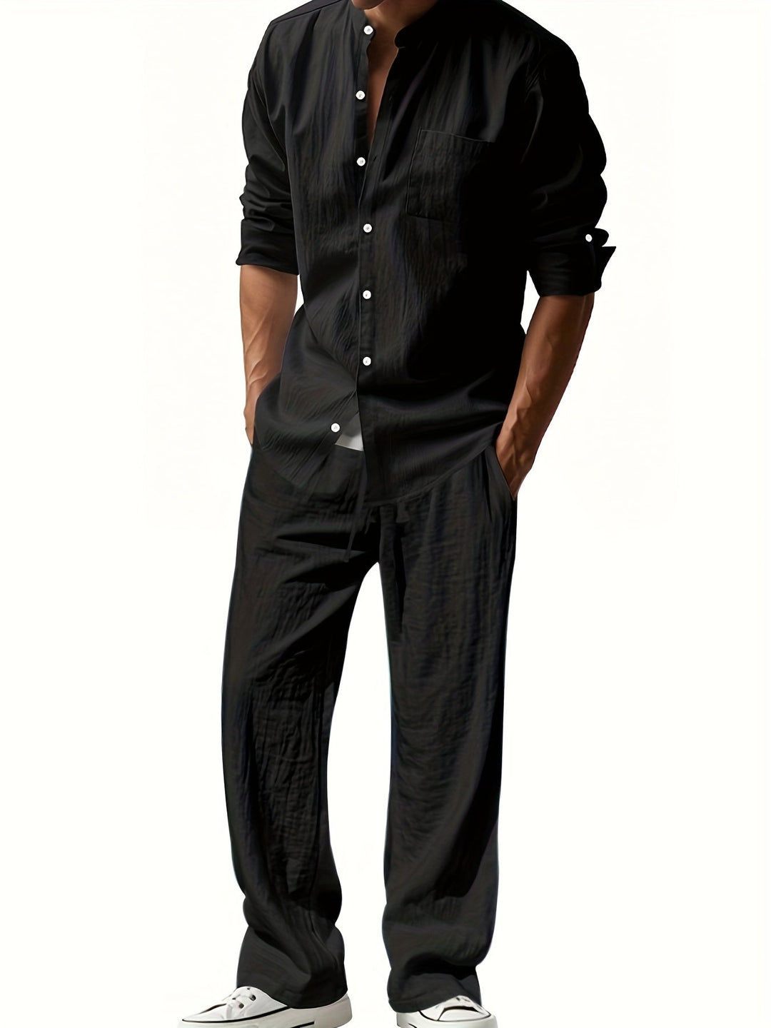 Men's Linen Set – Stand Collar Shirt & Relaxed Trouser