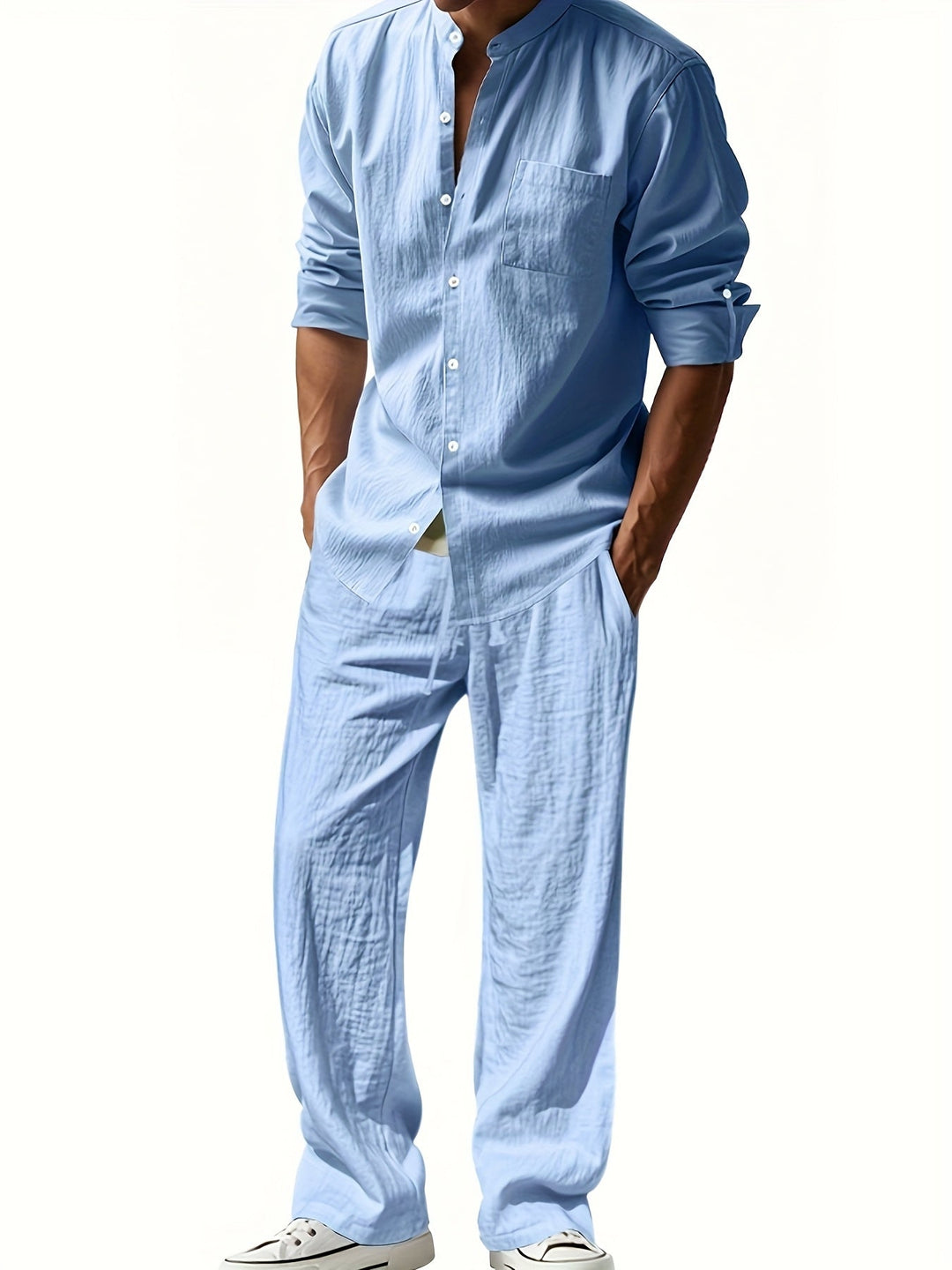 Men's Linen Set – Stand Collar Shirt & Relaxed Trouser