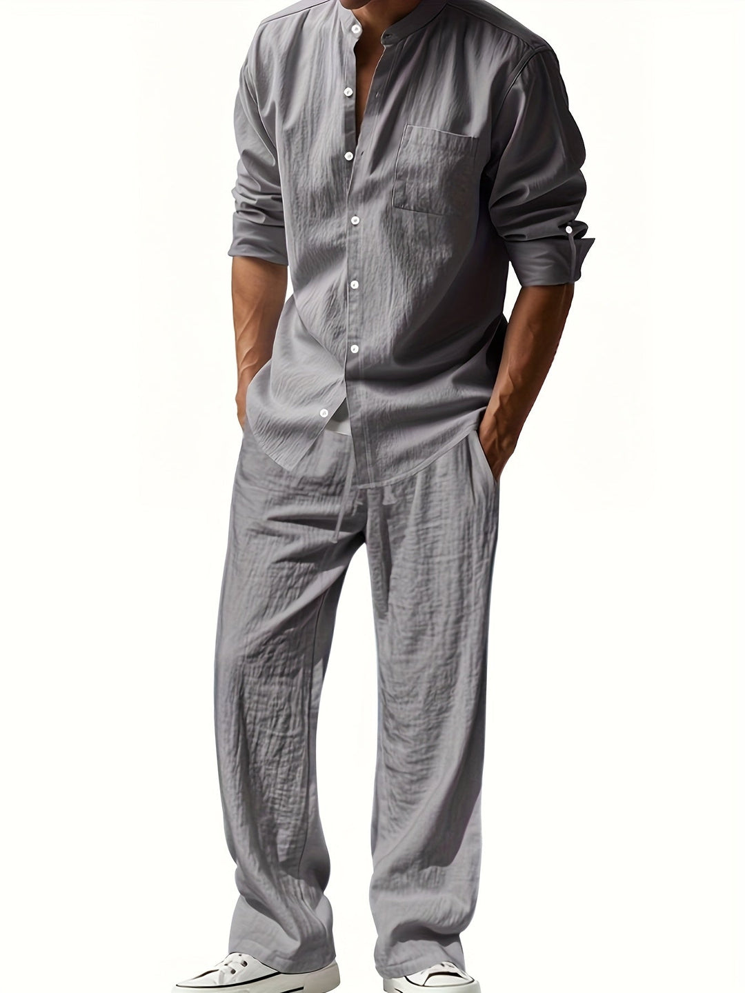 Men's Linen Set – Stand Collar Shirt & Relaxed Trouser