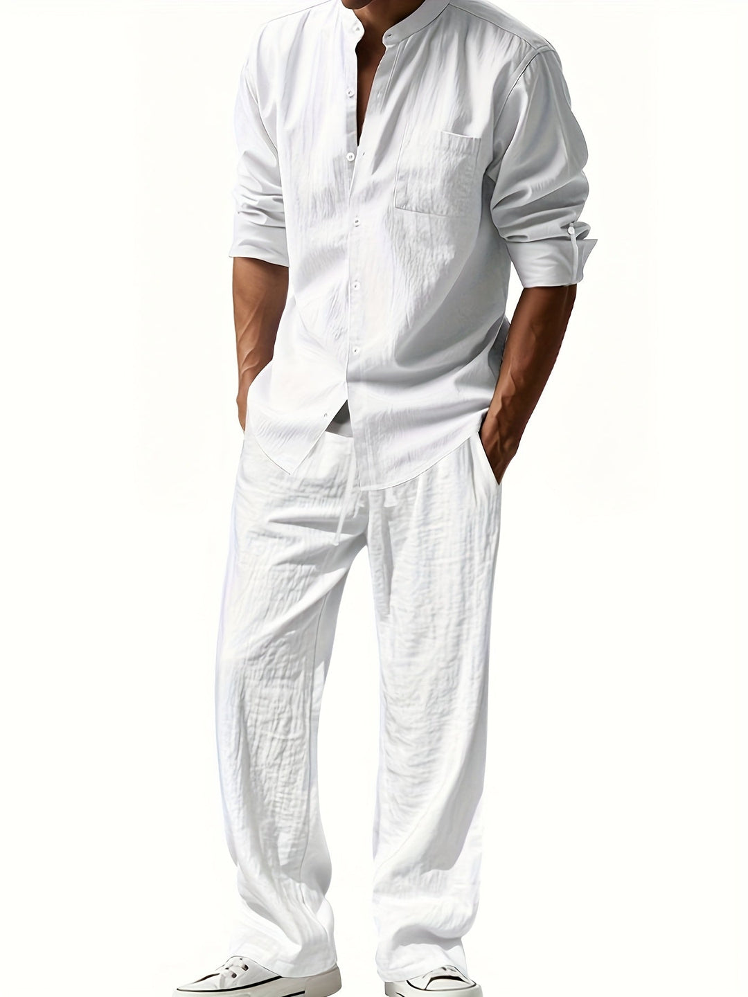 Men's Linen Set – Stand Collar Shirt & Relaxed Trouser