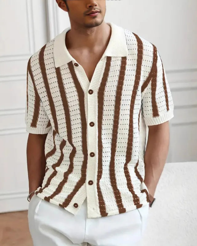 Men's Pointelle Knit Camp Collar Shirt – Vertical Stripe Open Weave
