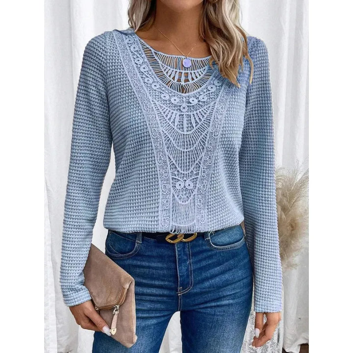 Women's Lace Panel Knit Top – Long Sleeve Round Neck