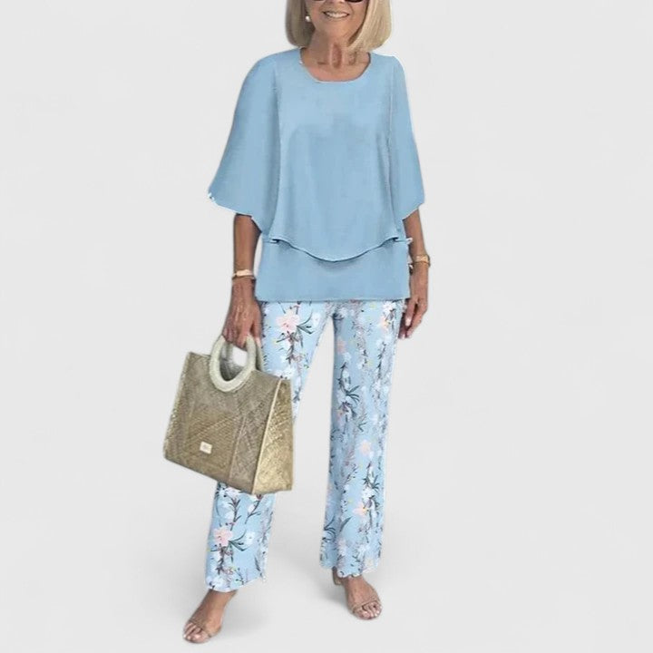 Women's Floral Pants Two-Piece Set – Round Neck Half Sleeve Co-ord