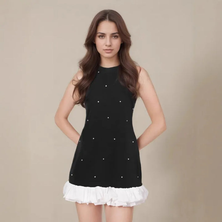Women's Sleeveless Mini Dress – Pearl Embellished Ruffle Hem