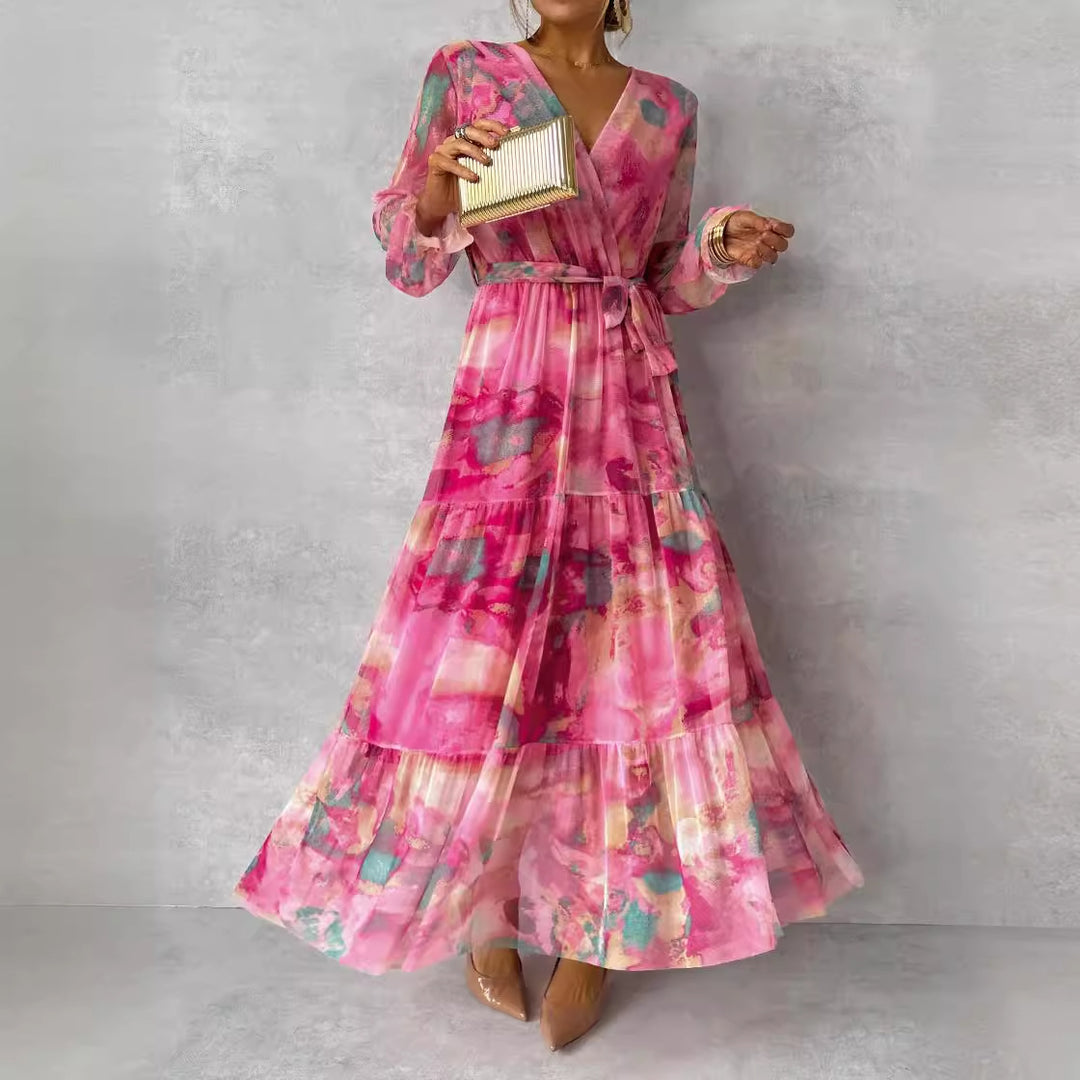 Women's Abstract Floral Wrap Maxi Dress – Tiered Long Sleeve