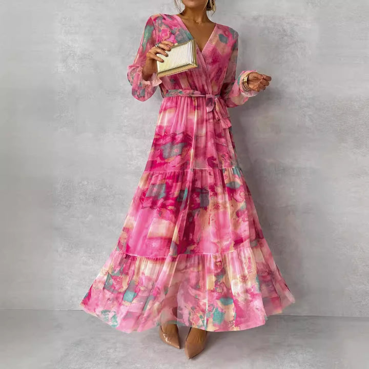 Women's Abstract Floral Wrap Maxi Dress – Tiered Long Sleeve