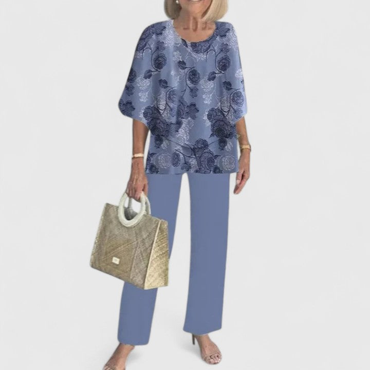 Women's Floral Pants Two-Piece Set – Round Neck Half Sleeve Co-ord