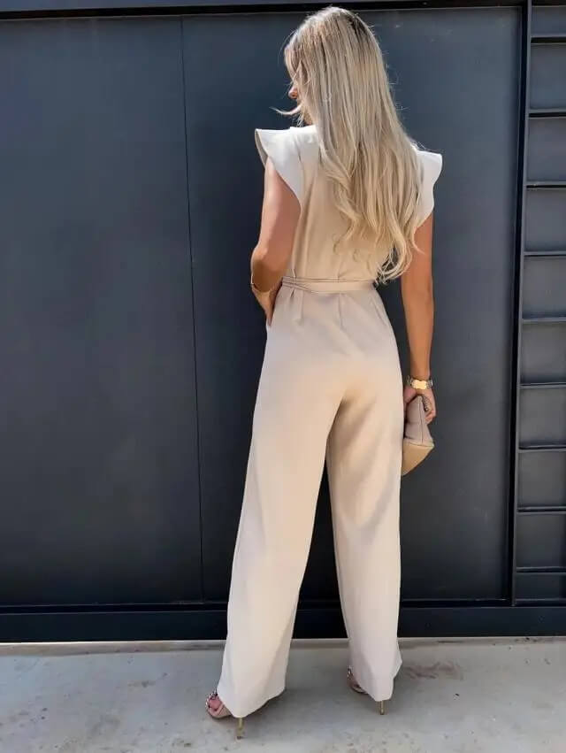 Women's Wide Leg Jumpsuit – Butterfly Sleeves Belted Full Length
