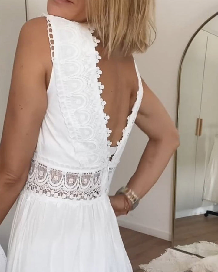 Women's Boho Sleeveless V-Neck Midi Dress – Flowing Delicate Detail