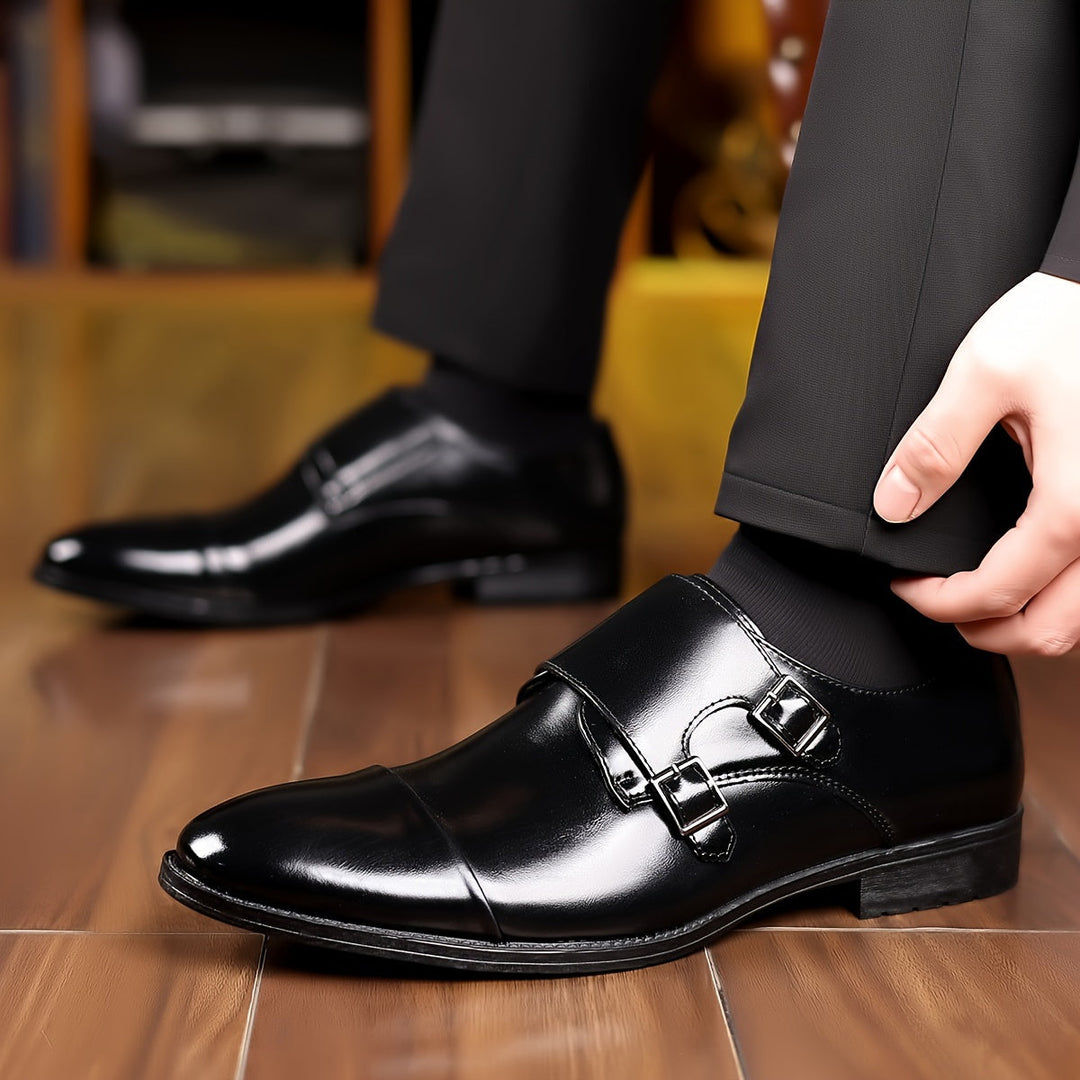 Men's Genuine Leather Double Monk Strap Shoes – Cap Toe Pointed Heel