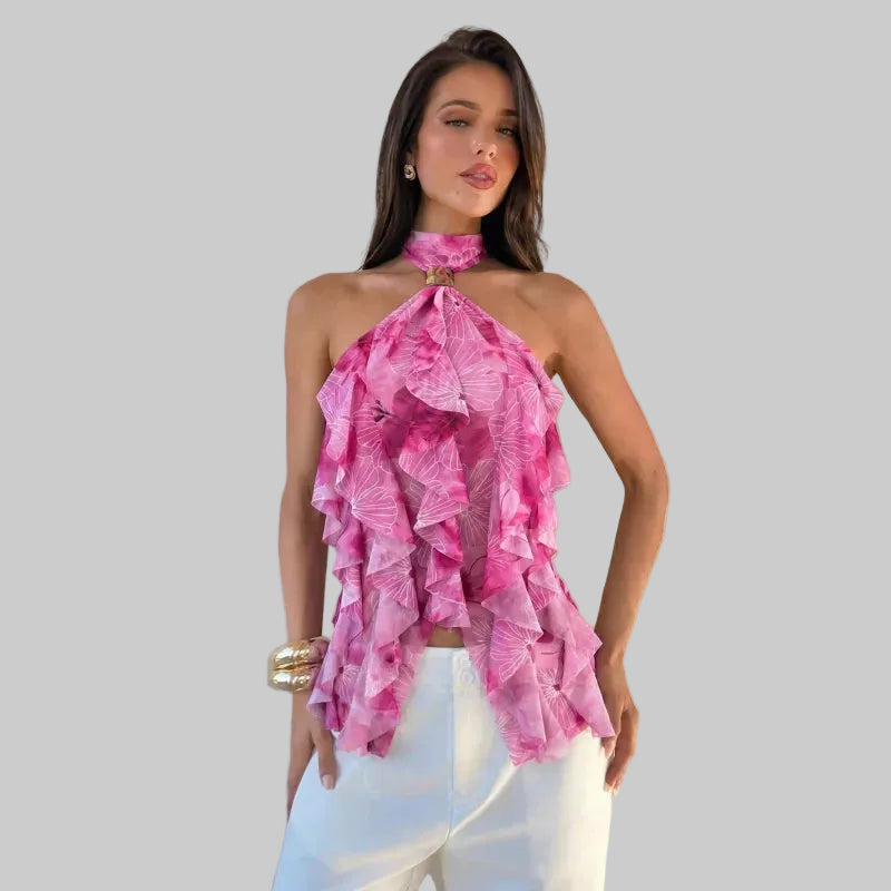 Women's Ruffle Halter Top – Layered Semi-Sheer Blouse