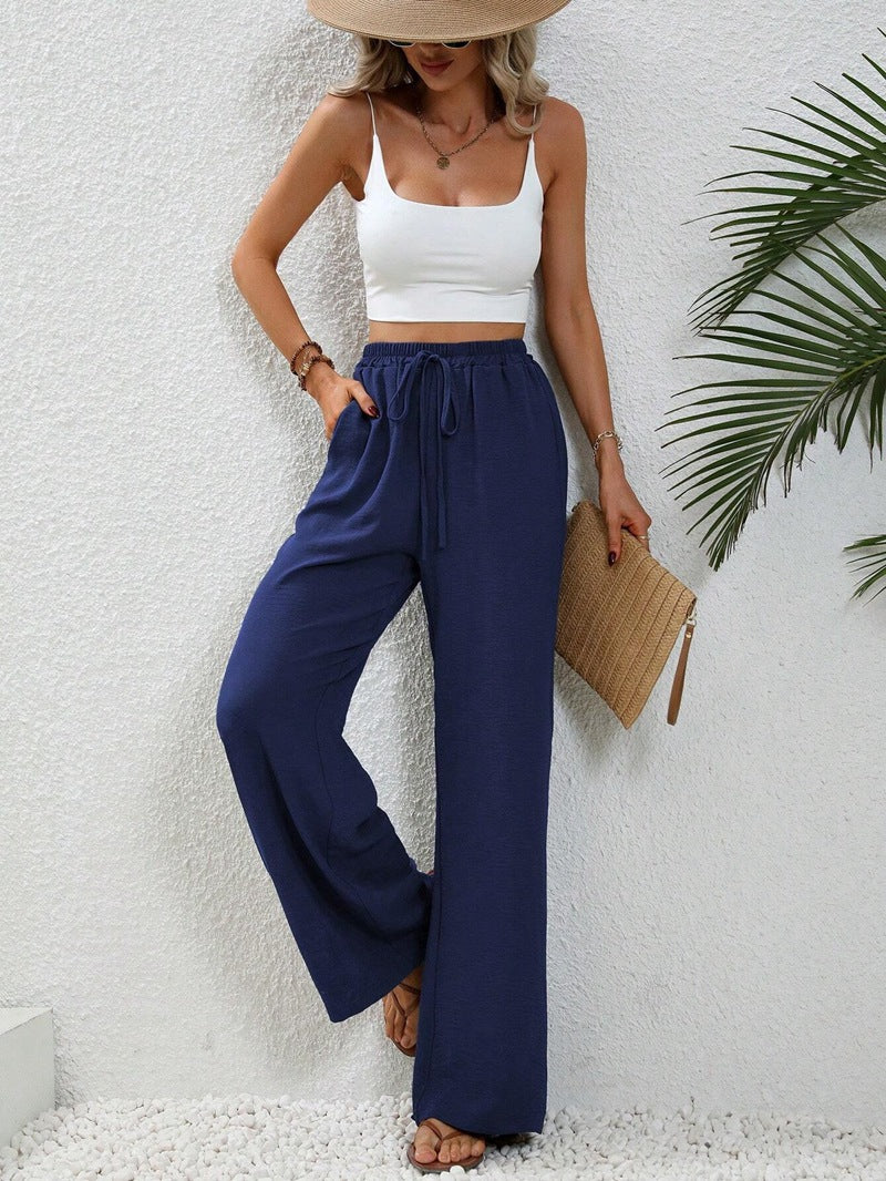 Wide-Leg Casual Pants – Relaxed Solid Colour Flowy Hem Trousers