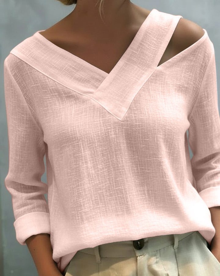 Women's Textured Long Sleeve Blouse – Asymmetric V-Neck