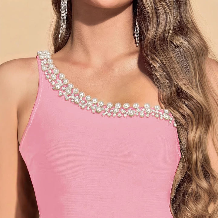 One Shoulder Bodycon Midi Dress – Pearl Embellished Evening
