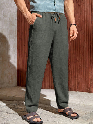 Men's Cotton Linen Drawstring Trousers – Relaxed Straight-Leg Breathable