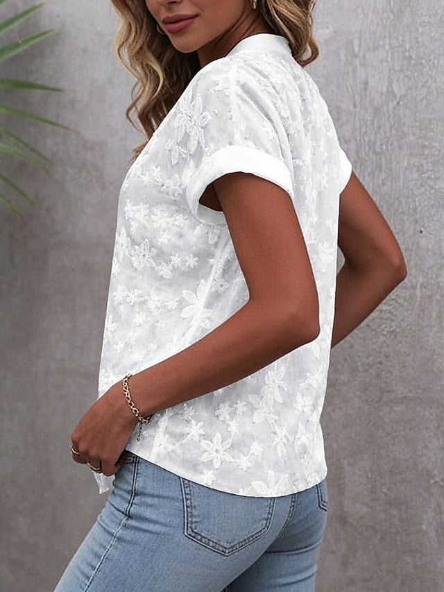 Women's Embroidered Lace Blouse – V-Neck Button-Front