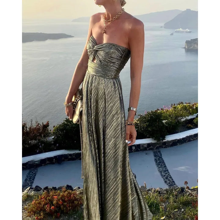 Shimmer Pleated Bustier Maxi Dress – Sleeveless Gown