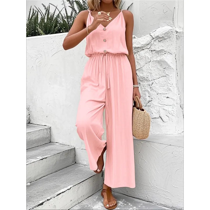 Wide-Leg Jumpsuit for Women – Sleeveless V-Neck Relaxed Fit
