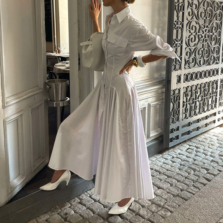 Women's Cotton Drop Waist Shirt Dress – Pleated A-Line Button-Front