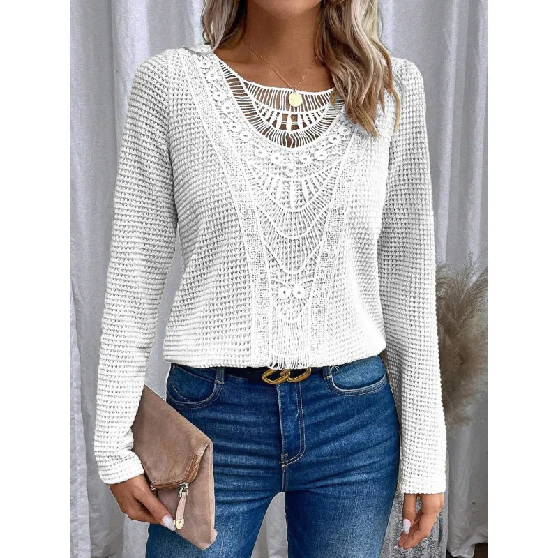 Women's Lace Panel Knit Top – Long Sleeve Round Neck