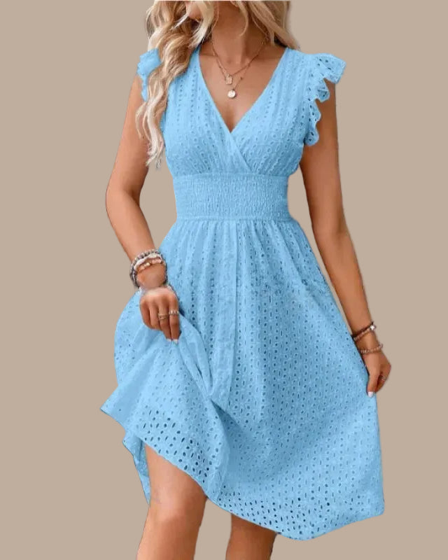 Eyelet Midi Dress – Surplice V-Neck & Ruffle Cap Sleeve