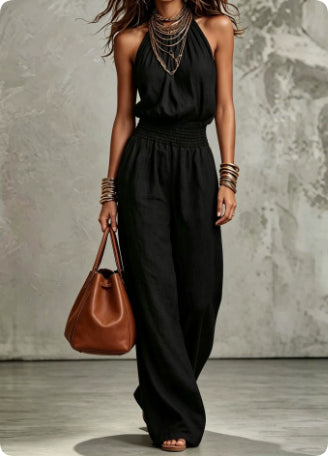 Women's Halter Neck Jumpsuit – Smocked Waist & Wide-Leg Fit