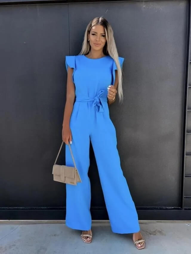 Women's Wide Leg Jumpsuit – Butterfly Sleeves Belted Full Length