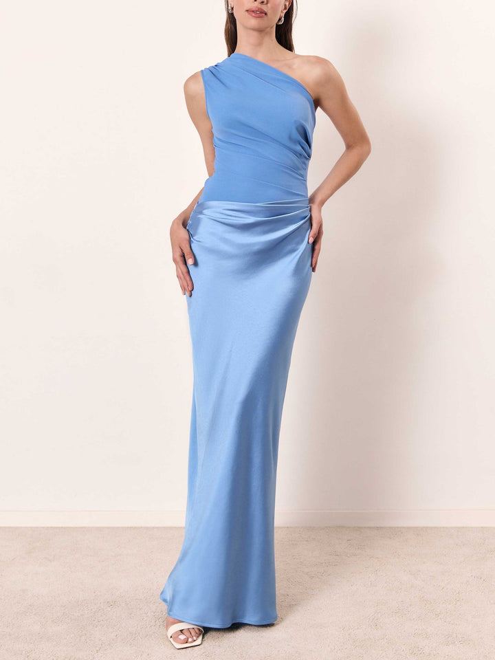 Women's One-Shoulder Pleated Maxi Dress – Structured Formal Gown