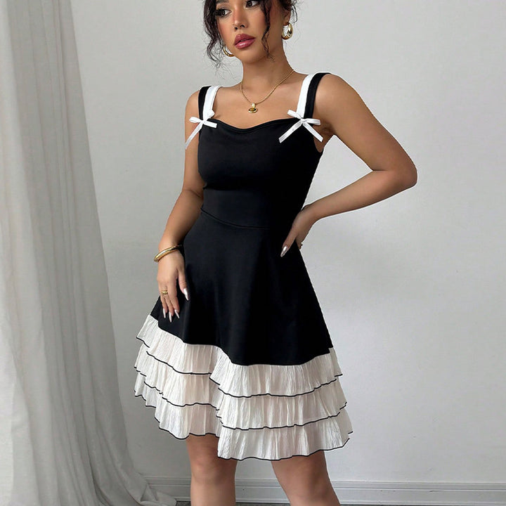 Tiered Midi Dress – Contrast Color Multi-Layer Cake Sling Style