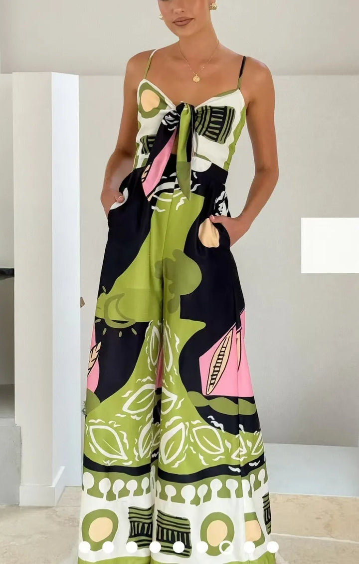 Women's Wide Leg Jumpsuit – Spaghetti Strap Bow Waist