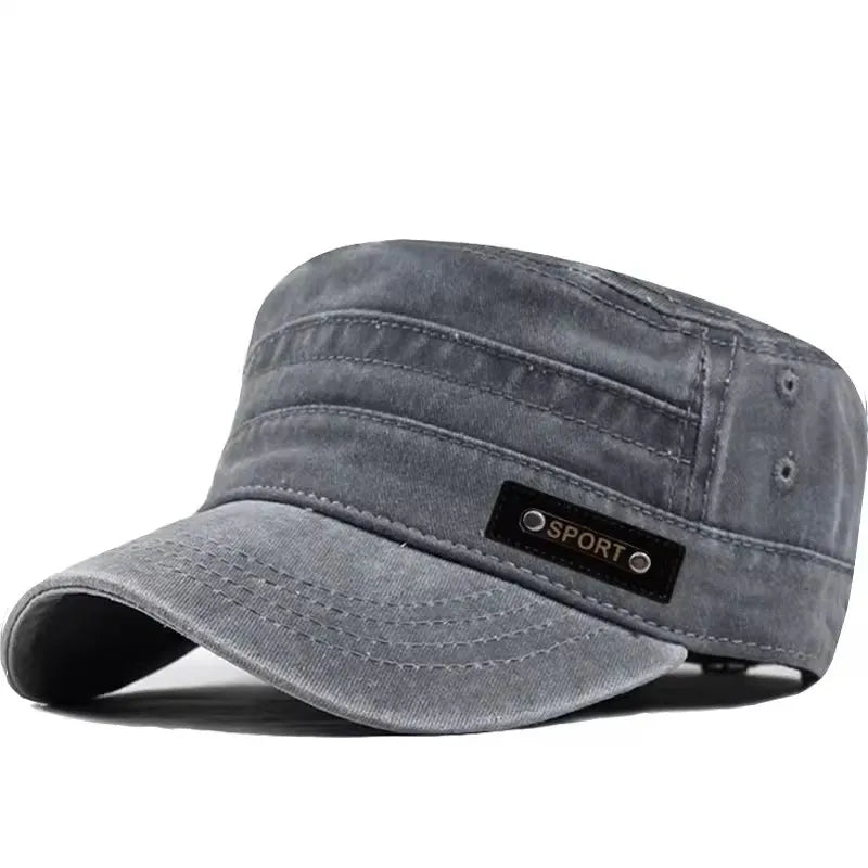 Military Cadet Cap – Flat Crown Sport Badge Hat Men