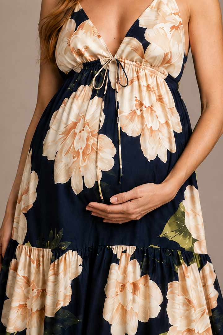 Maternity Maxi Dress – Floral V-Neck Open Back Empire Waist