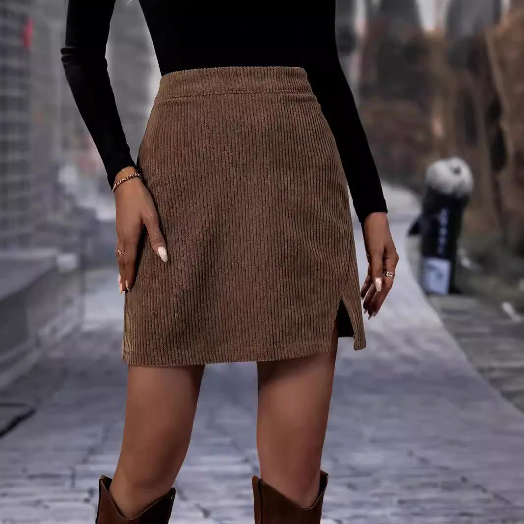 Women's Corduroy Mini Skirt – High-Waisted Side Slit
