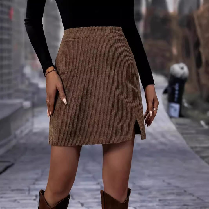 Women's Corduroy Mini Skirt – High-Waisted Side Slit