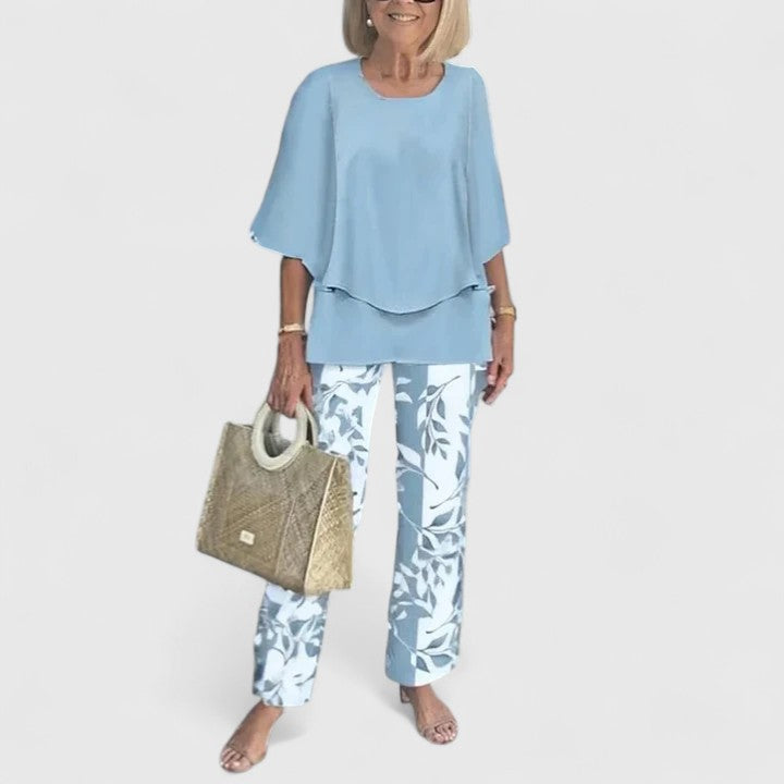 Women's Floral Pants Two-Piece Set – Round Neck Half Sleeve Co-ord