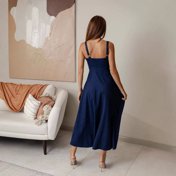 Women's Denim Corset Midi Dress – Square Neck A-Line Tie Front