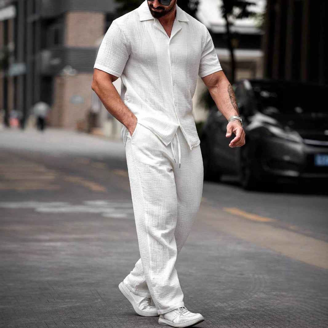 Men's Two Piece Set – Camp Collar Shirt & Straight Leg Trousers