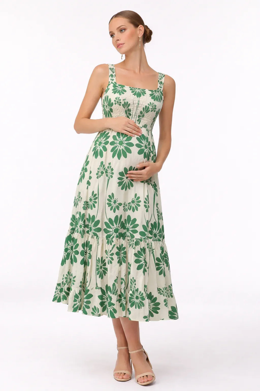 Floral Maternity Midi Dress – Smocked Bodice & Flared Skirt