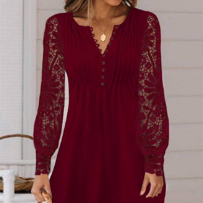 Lace Mini Dress – Women's V-Neck Long Sleeve Fitted Cut