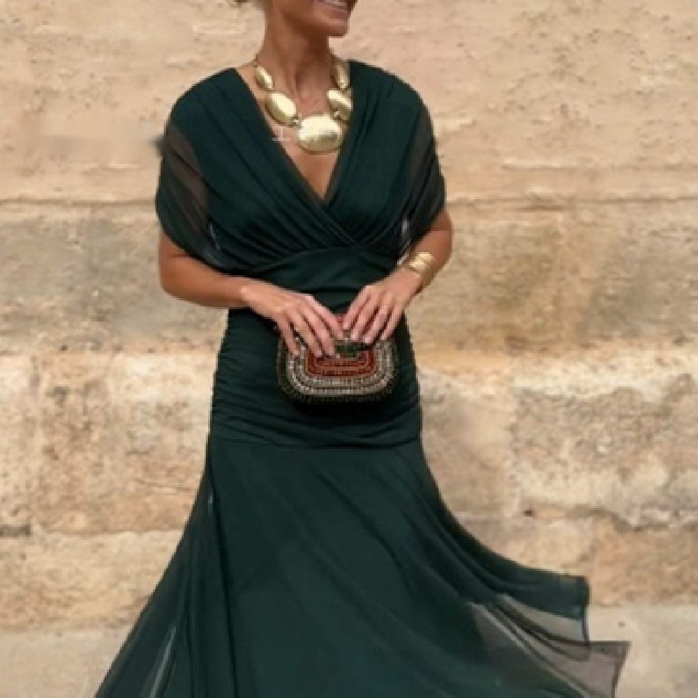 Wrap Maxi Dress – V-Neck Short Sleeve Sheer Detail