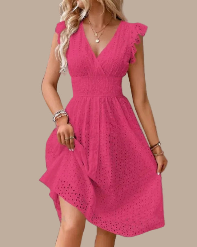 Eyelet Midi Dress – Surplice V-Neck & Ruffle Cap Sleeve