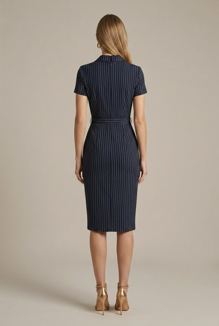 Women's Pinstripe Belted Pencil Midi Dress – Notched Lapel