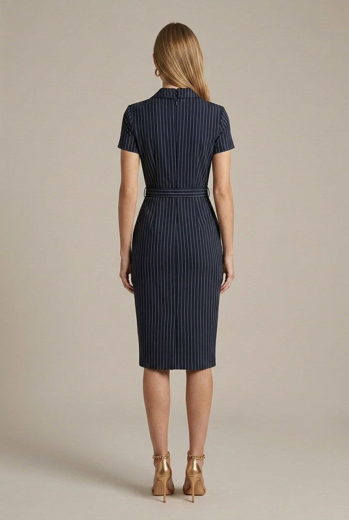 Women's Pinstripe Belted Pencil Midi Dress – Notched Lapel