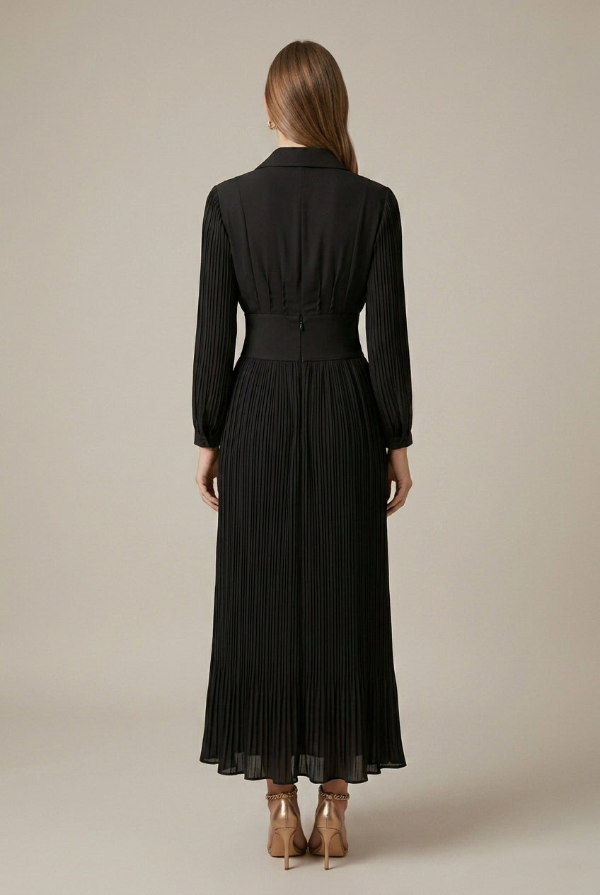 Women's Pleated Maxi Dress – V-Neck Long Sleeve Button Waist