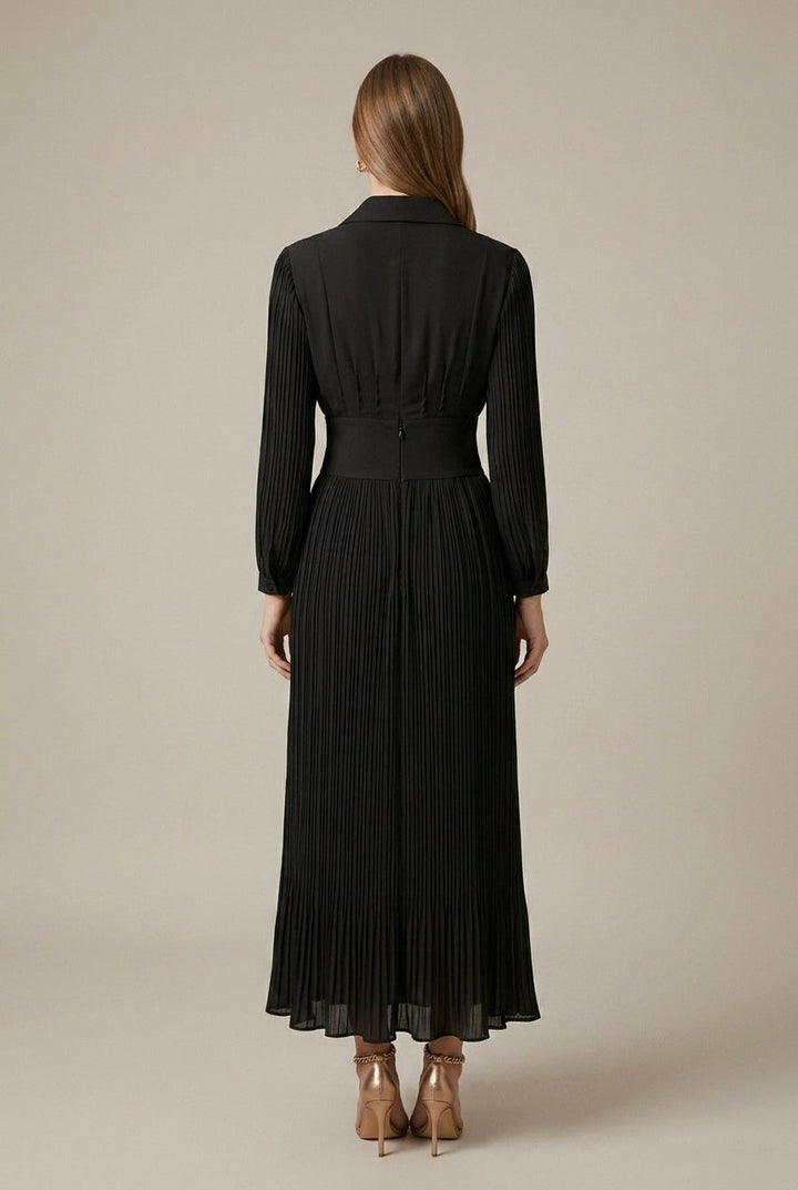 Women's Pleated Maxi Dress – V-Neck Long Sleeve Button Waist