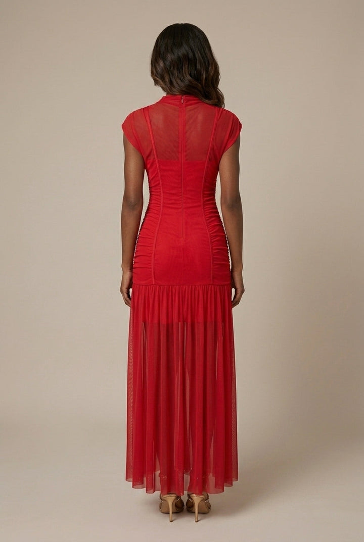 Women's Mesh Maxi Dress Drop Waist – Ruched Bodice High Neck